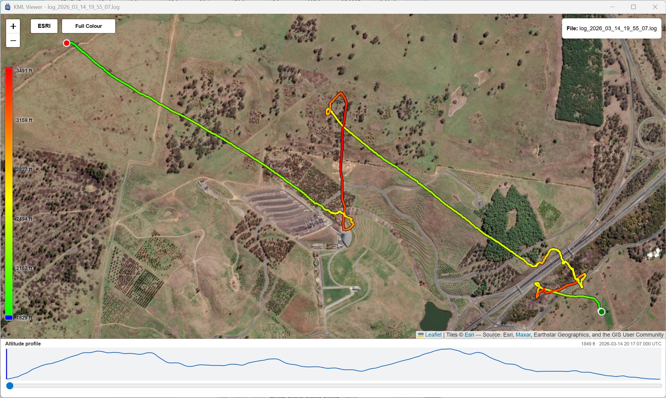 Digitool Logbook KML viewer showing a flight track coloured by altitude over satellite imagery