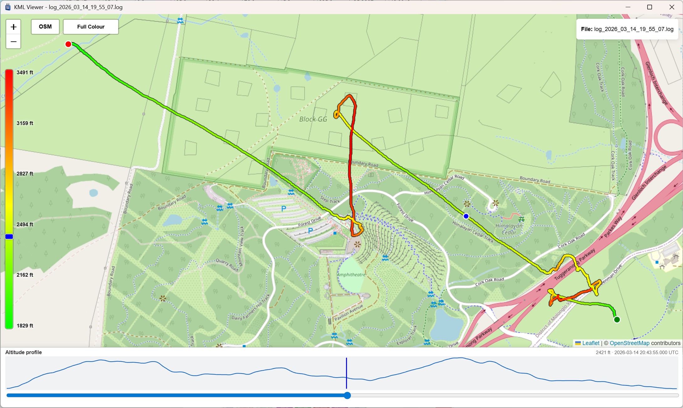 Digitool Logbook KML viewer showing the same flight track over an OpenStreetMap basemap