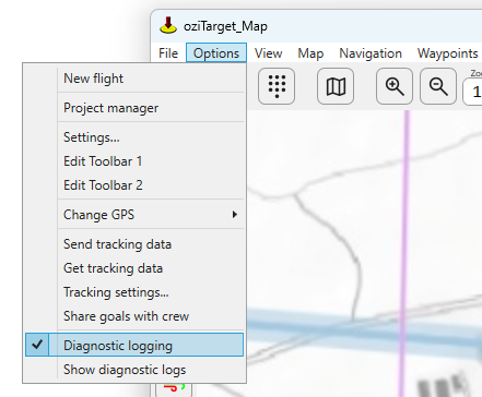 Options menu with Diagnostic logging checked
