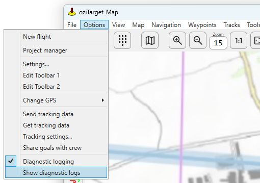 Options menu with Show diagnostic logs highlighted