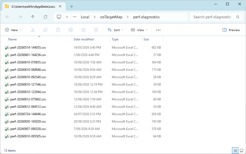 Windows Explorer open on the oziTargetMap perf-diagnostics folder