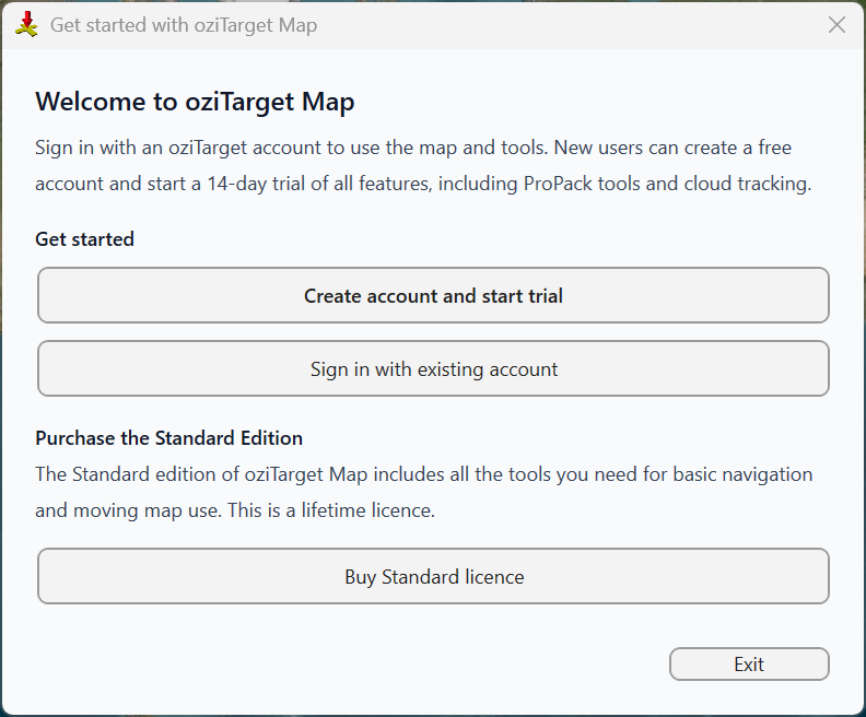 Get started with oziTarget Map welcome dialog