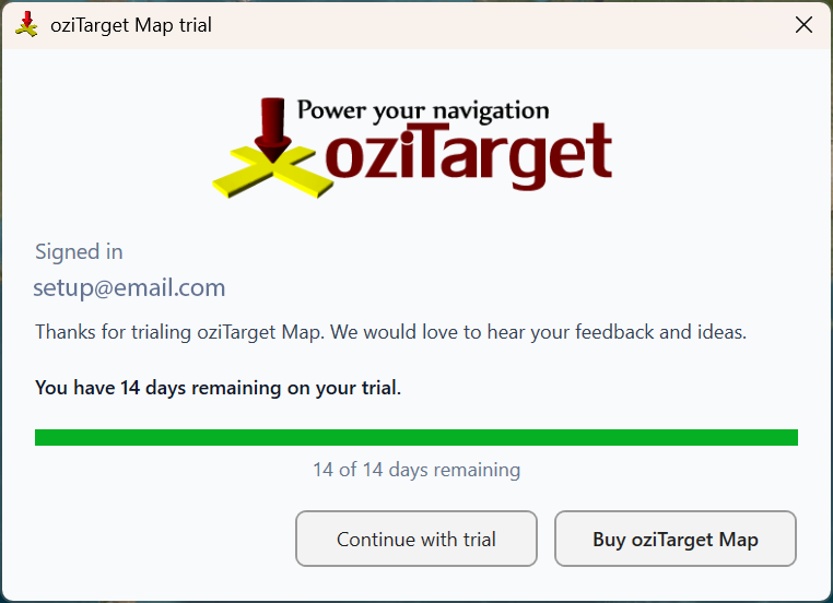 oziTarget Map trial window showing signed-in status and days remaining
