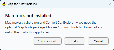 Map tools not installed dialog — Add map tools, Help, or Cancel