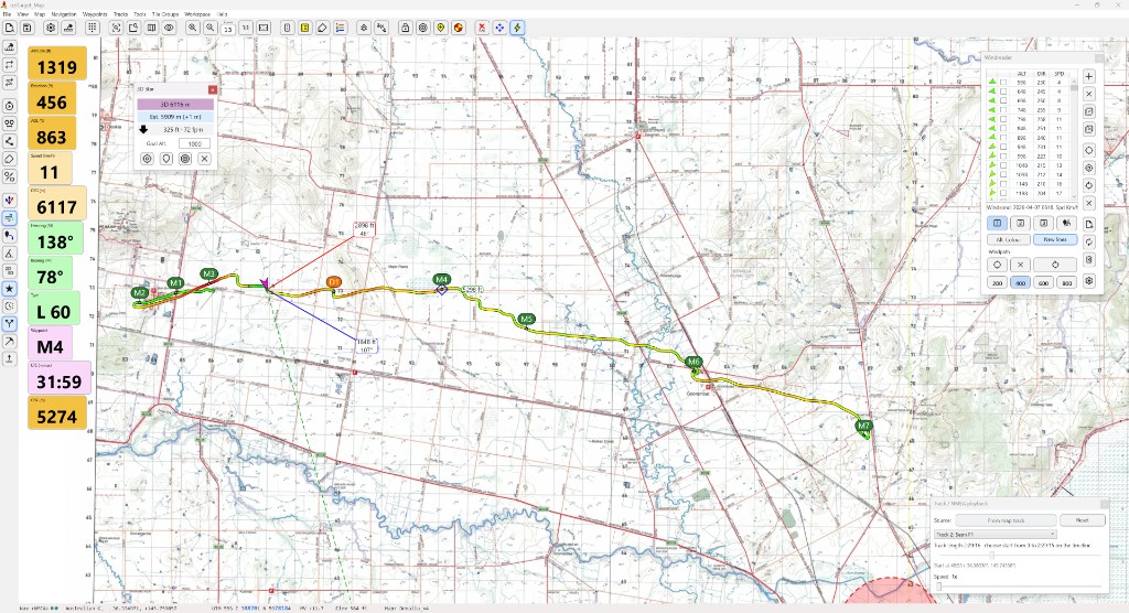 Navigation HUD with altitude, speed, heading, and waypoint data