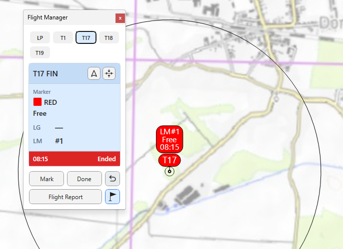 Flight Manager with task tabs and a finished FIN goal on the map