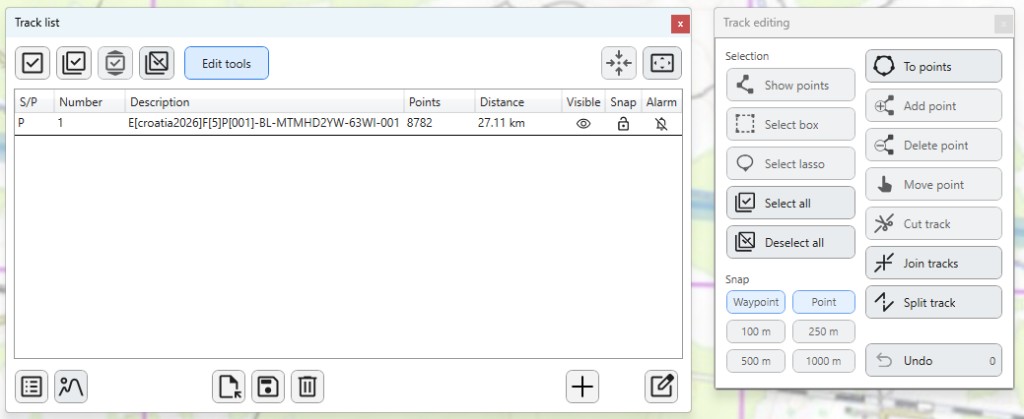 Track list with Edit tools open and the Track editing panel