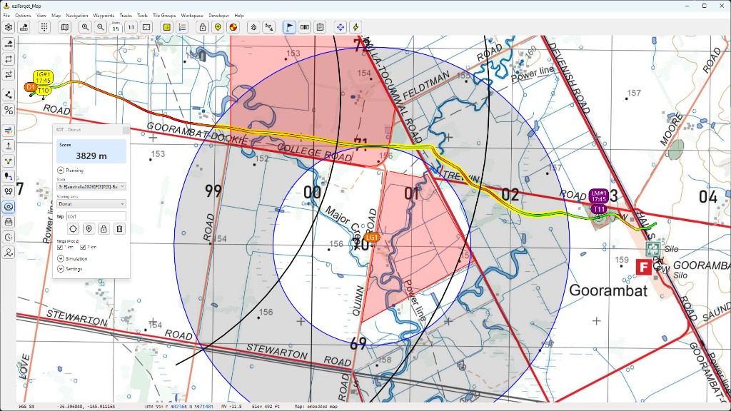 3DT Donut tool with scored donut rings and plan track on the map
