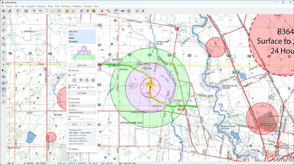 3DT Cake tool with scored rings and simulation path on the map