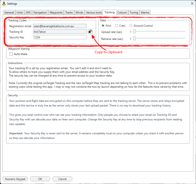 Settings Tracking tab showing Tracking Codes with email, Tracking ID, Copy, and security key
