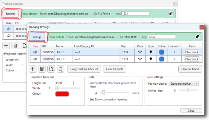 Tracking settings with Bubbles and Group display mode buttons highlighted