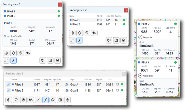 Tracking view 1, 2, and 3 group layouts beside pilot bubbles on the map