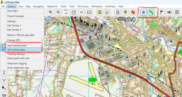 Options menu with Send and Get tracking checked, and toolbar Tracking controls highlighted