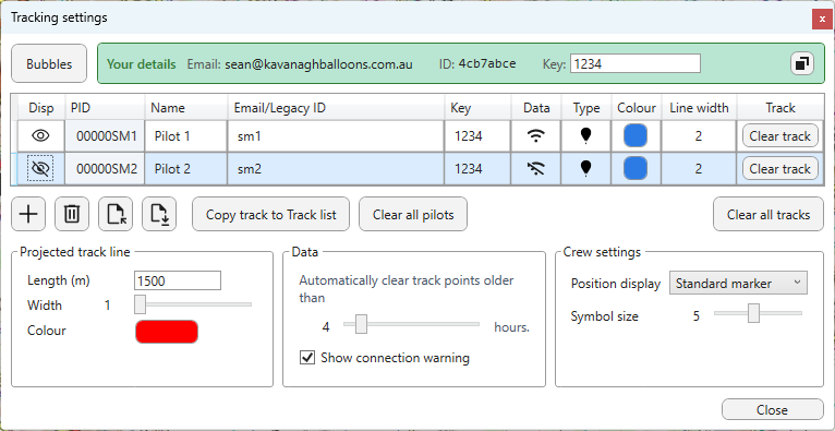 Tracking settings list with Disp, Data Get, Type role, colour, and line width columns