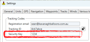 Settings Tracking Codes with Security Key field highlighted