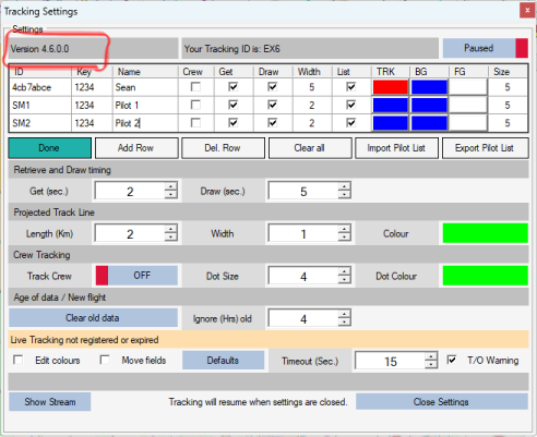 Legacy oziTarget Tracking settings showing Version 4.6.0