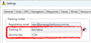 oziTarget Map Settings Tracking Codes with Tracking ID and Security Key highlighted