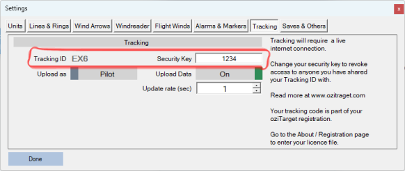 Legacy oziTarget Settings Tracking tab with Tracking ID and Security Key